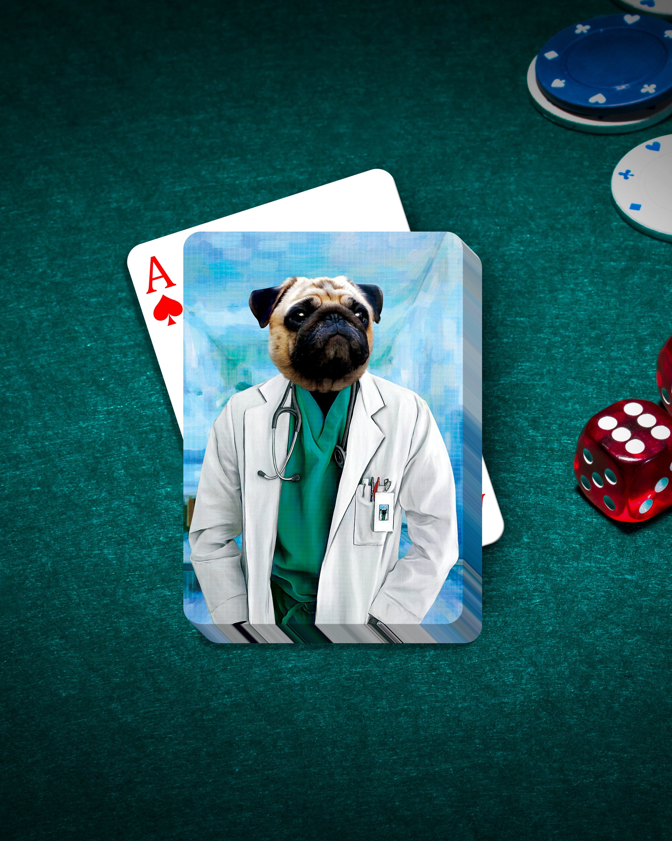 Personalized pet playing card with a pug in a doctor's coat, ace of hearts, poker chips, and dice on green felt.