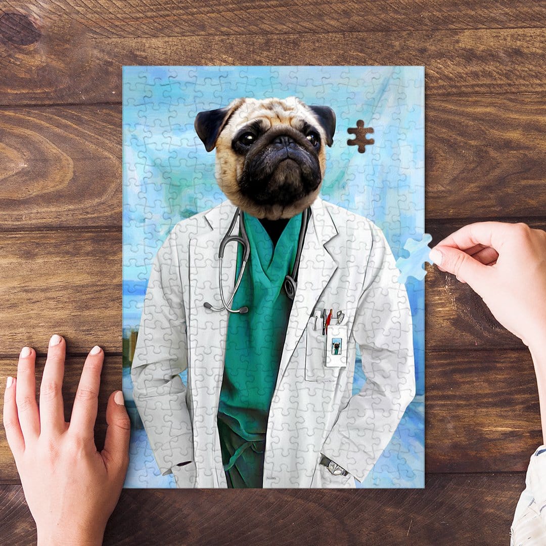 Personalized pug pet puzzle in a doctor's uniform, with hands assembling pieces on a wooden table.