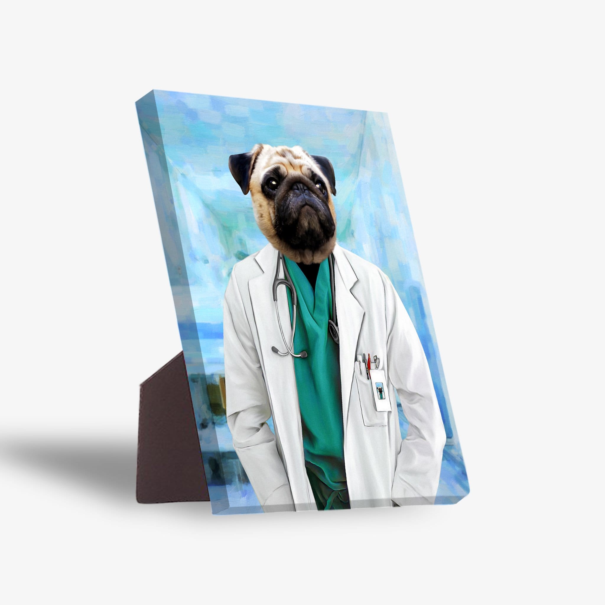 Personalized pug pet portrait on a standing canvas, dressed as a doctor in a white lab coat and green scrubs.