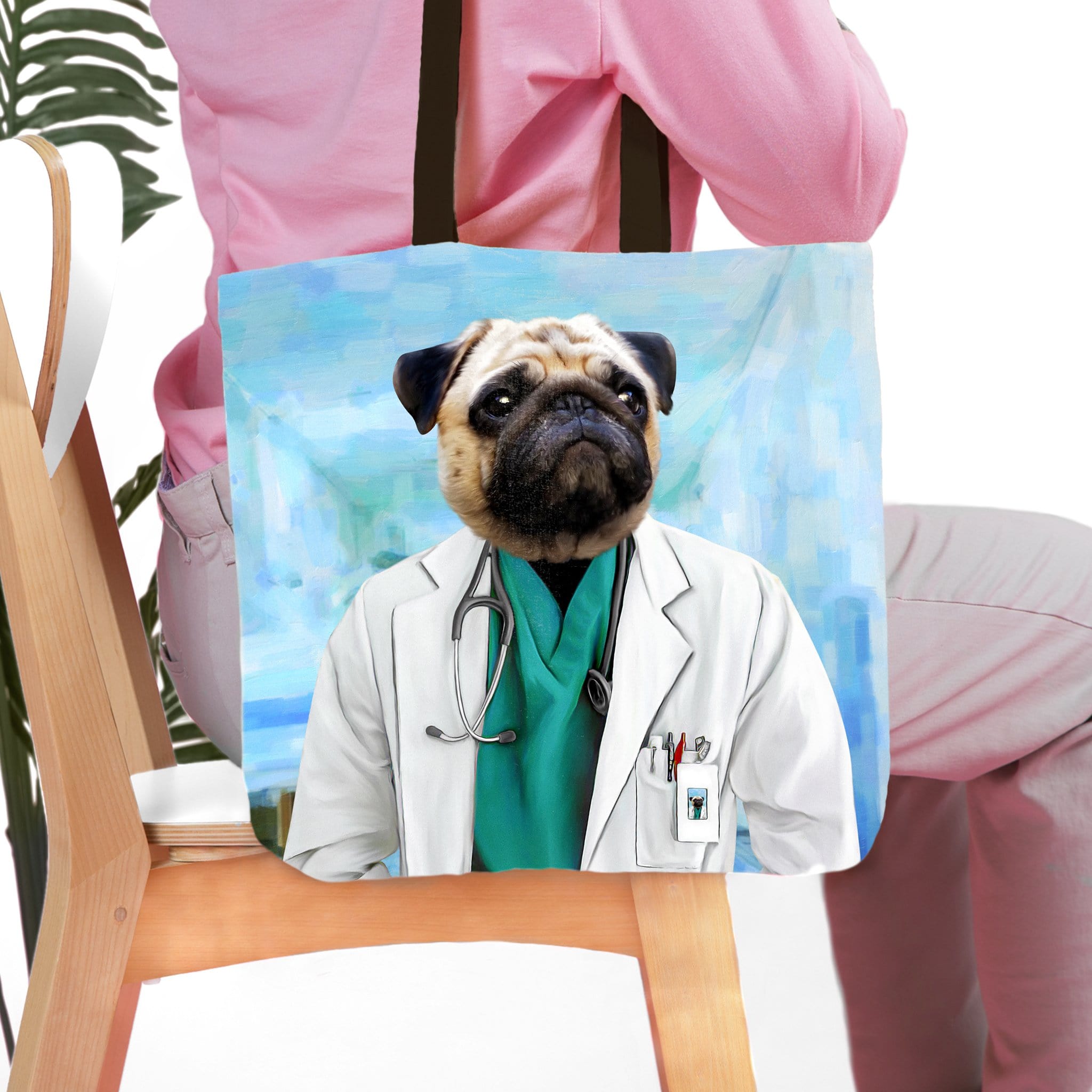 Personalized tote bag with a pug pet portrait in a doctor's lab coat, watercolor style.