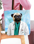 Personalized tote bag with a pug pet portrait in a doctor's lab coat, watercolor style.