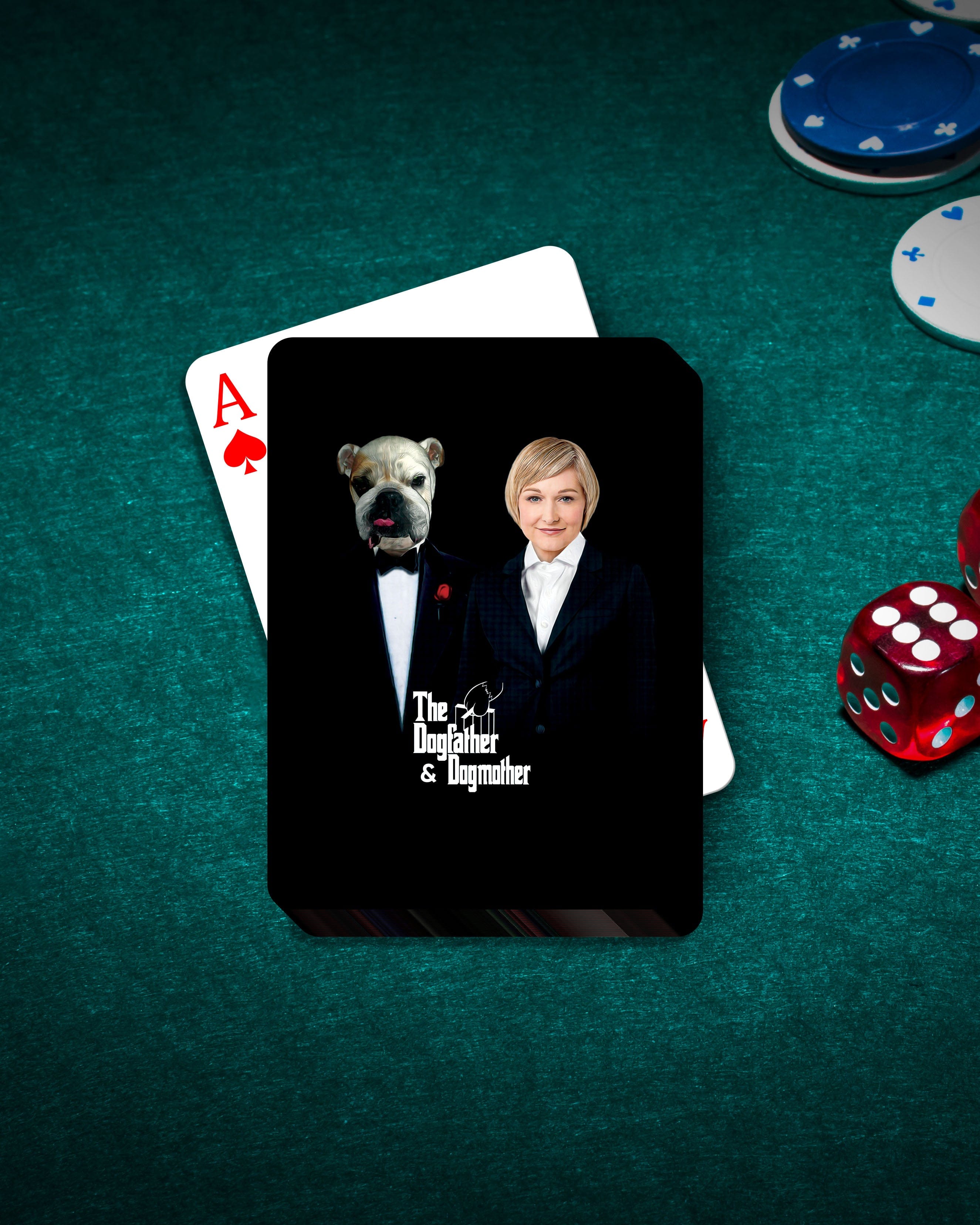 Personalized "Dogfather &amp; Dogmother" playing cards featuring a custom dog and woman portrait on black.