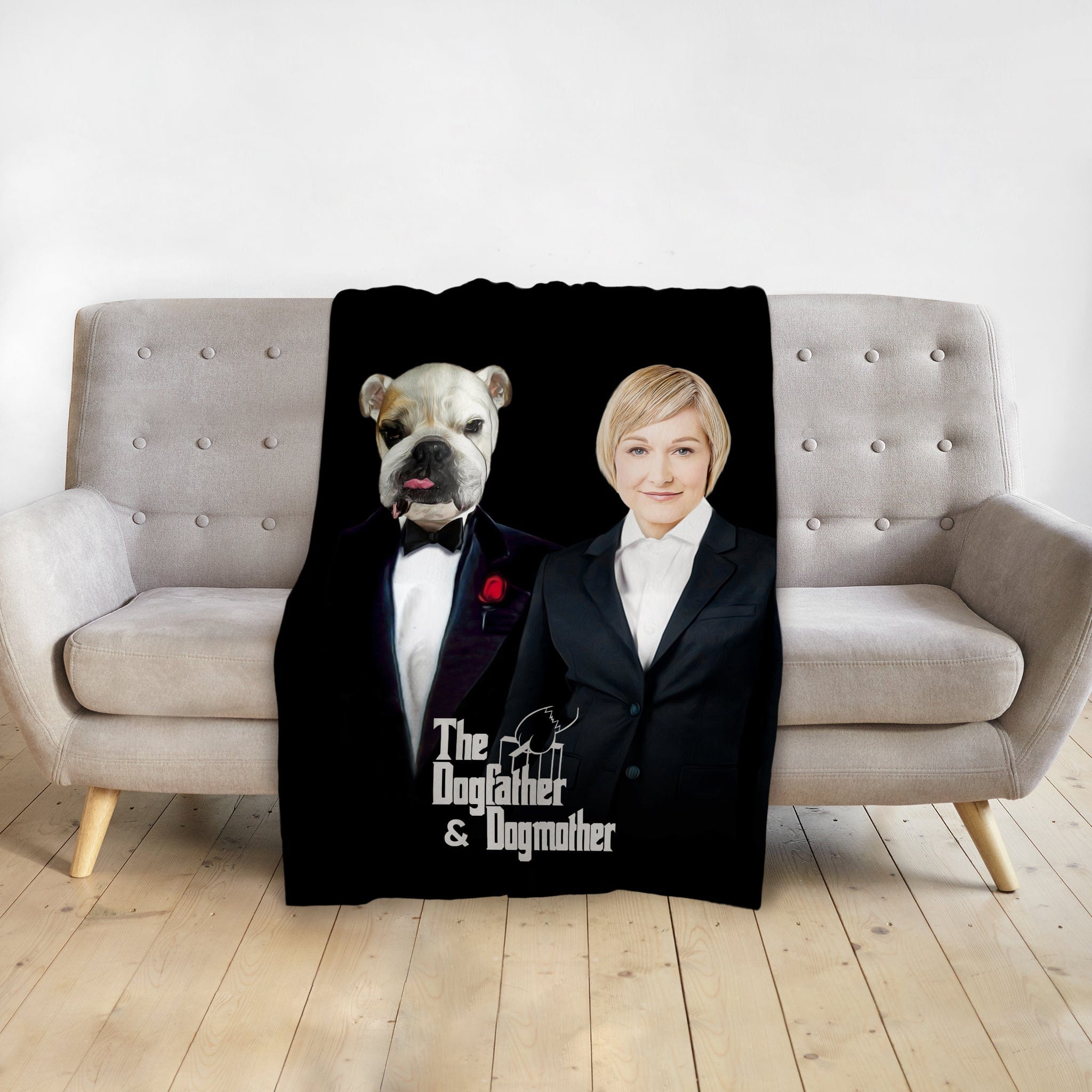 Black personalized "Dogfather & Dogmother" blanket with bulldog and woman portraits in suits.