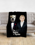 Black personalized "Dogfather & Dogmother" blanket with bulldog and woman portraits in suits.