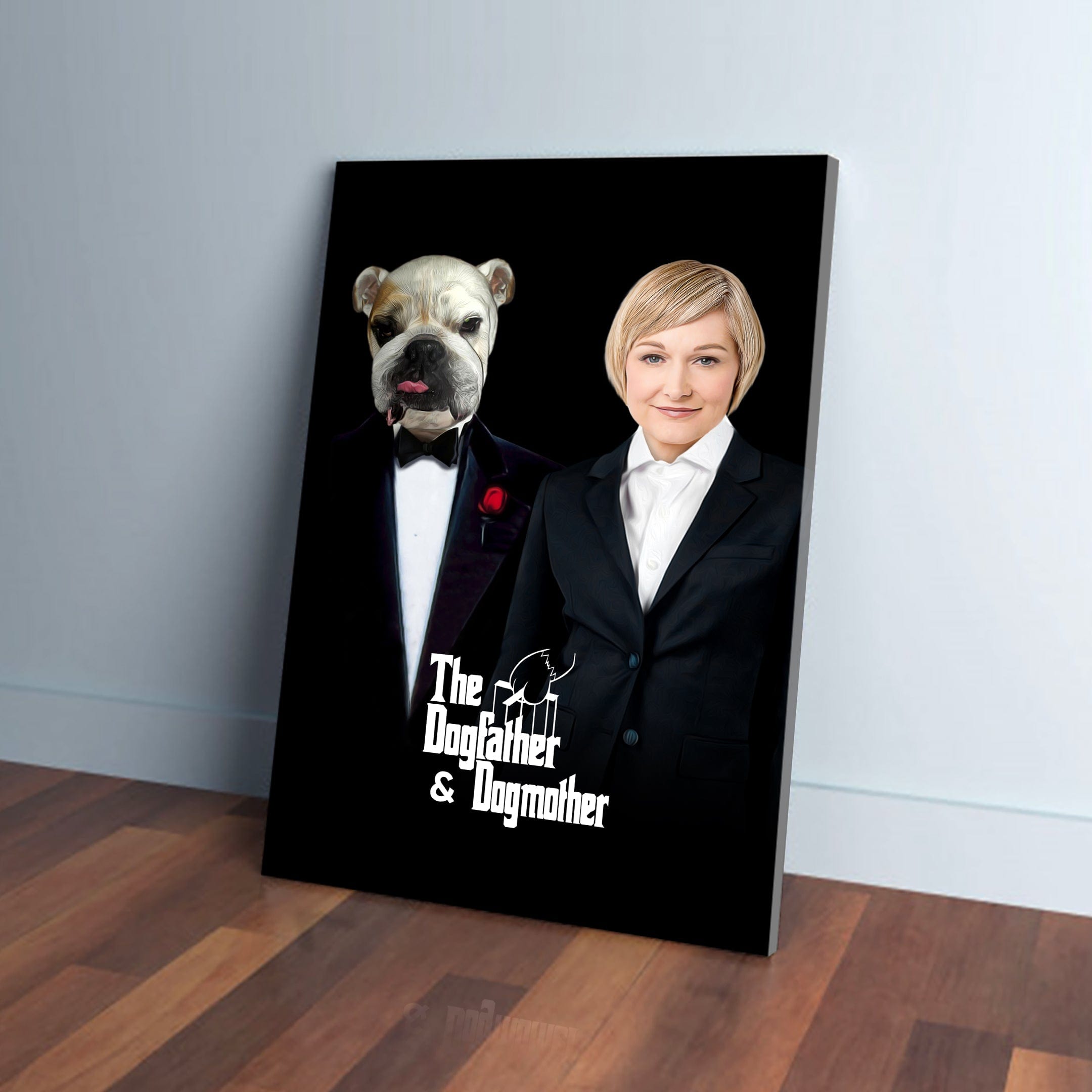 Personalized "The Dogfather & Dogmother" canvas art featuring a bulldog in a tuxedo and a woman in a suit.