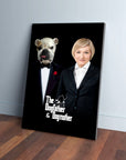 Personalized "The Dogfather & Dogmother" canvas art featuring a bulldog in a tuxedo and a woman in a suit.
