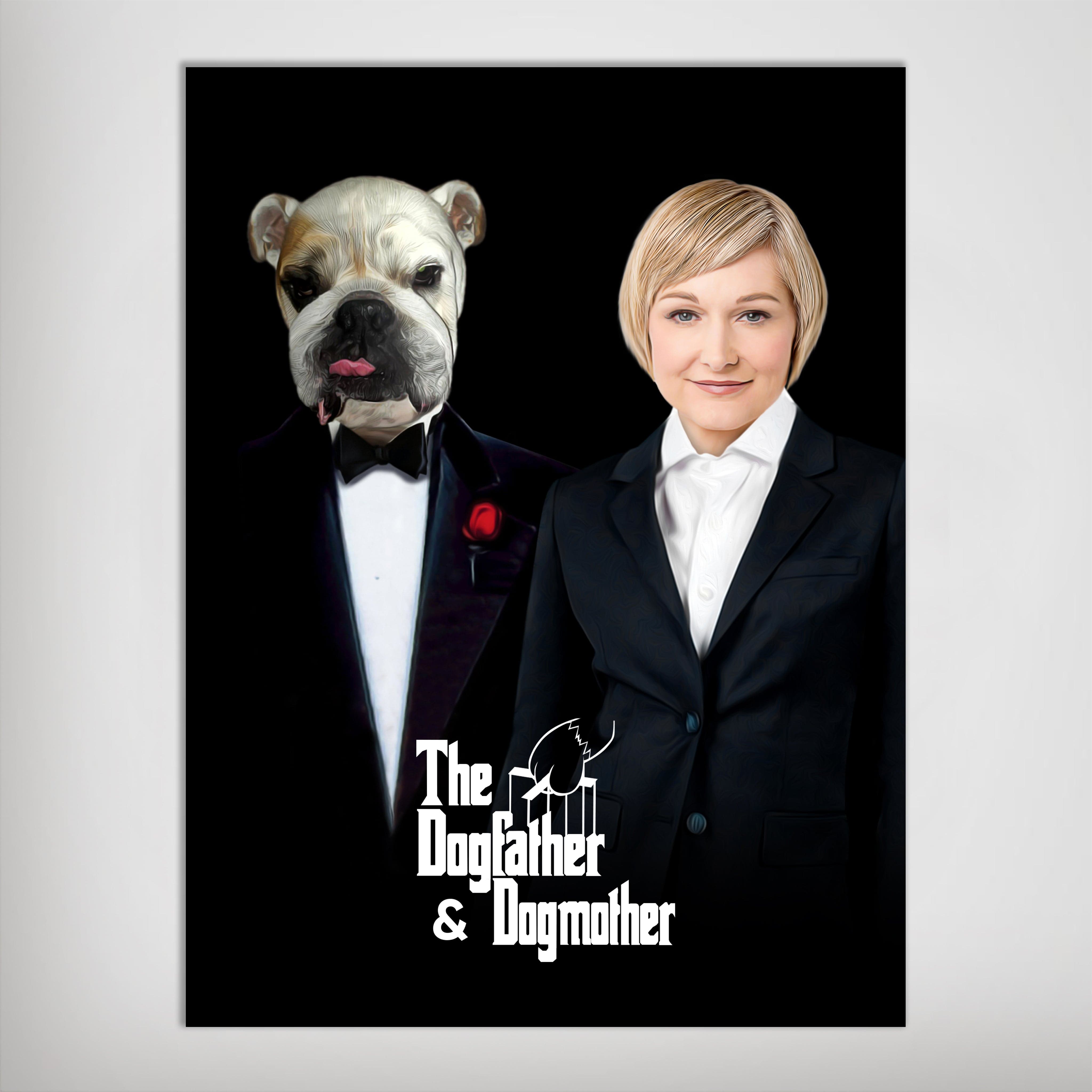 Personalized 'The Dogfather & Dogmother' poster featuring a bulldog in a tuxedo and a woman in a suit.
