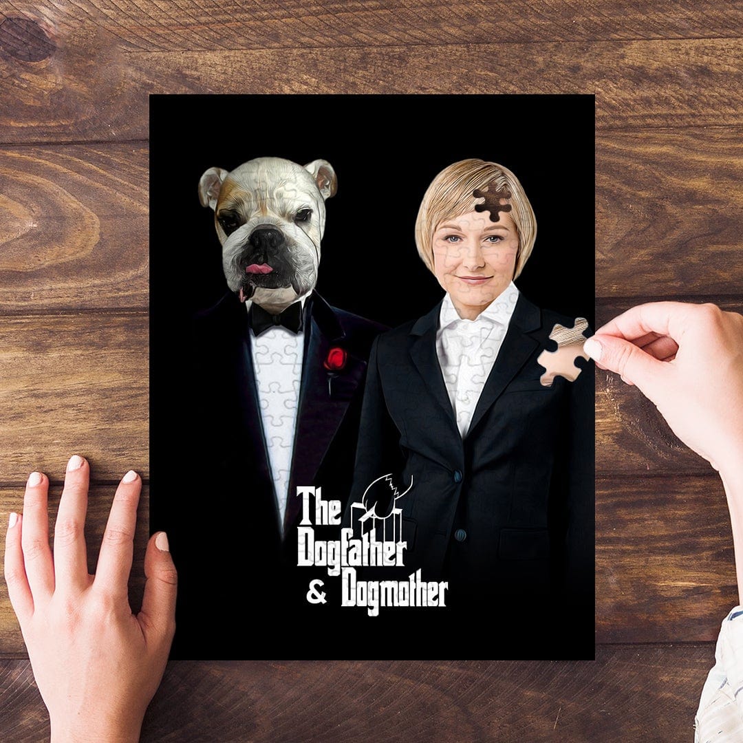 Personalized "Dogfather & Dogmother" puzzle featuring a bulldog and woman in suits, with a hand placing a piece.