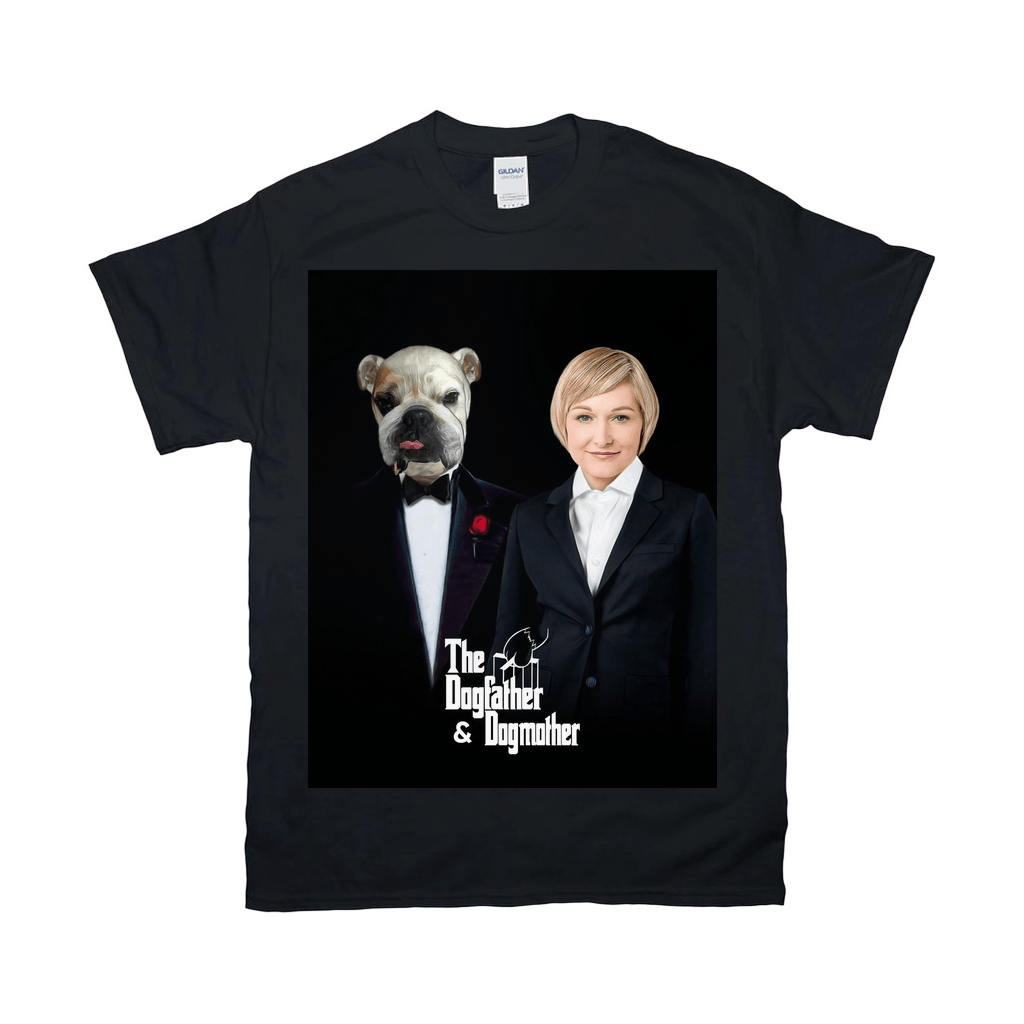 Black Gildan t-shirt featuring a bulldog in a tuxedo and a woman in a suit, with "The Dogfather & Dogmother" text.