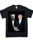 Black Gildan t-shirt featuring a bulldog in a tuxedo and a woman in a suit, with "The Dogfather & Dogmother" text.