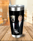 Black personalized stainless steel tumbler with custom "Dogfather & Dogmother" portrait of a bulldog and woman.