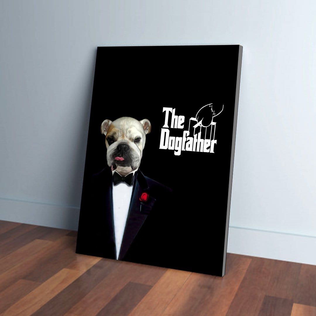 Personalized "The Dogfather" canvas featuring a bulldog in a tuxedo on a black background.