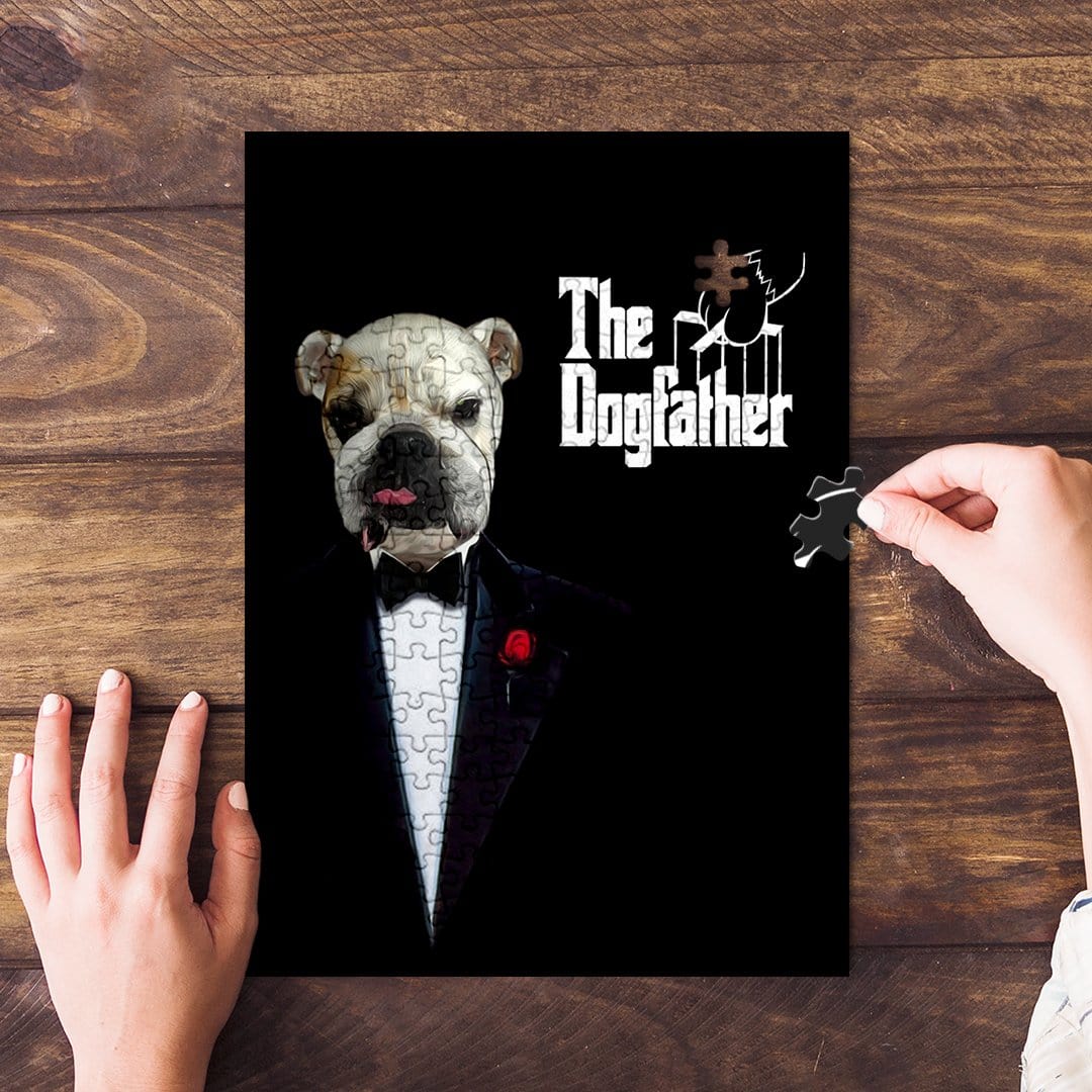 Personalized 'The Dogfather' puzzle featuring a bulldog in a tuxedo on a black background.