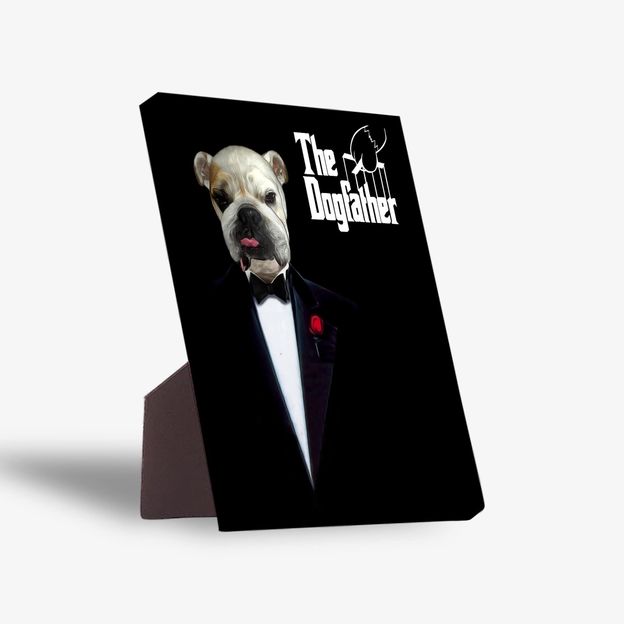 Personalized "The Dogfather" standing canvas featuring a bulldog in a tuxedo with a red rose.