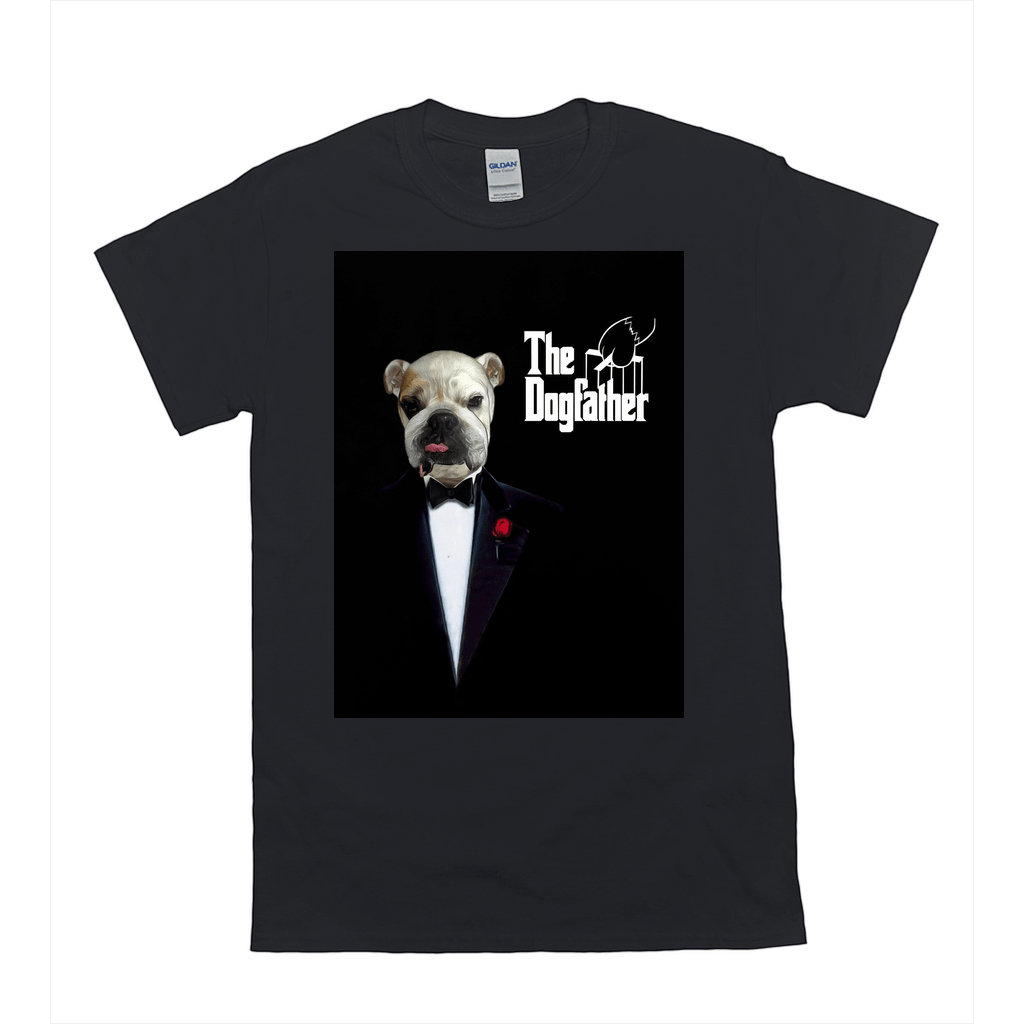 Black Gildan t-shirt with a bulldog in a tuxedo and "The Dogfather" text.