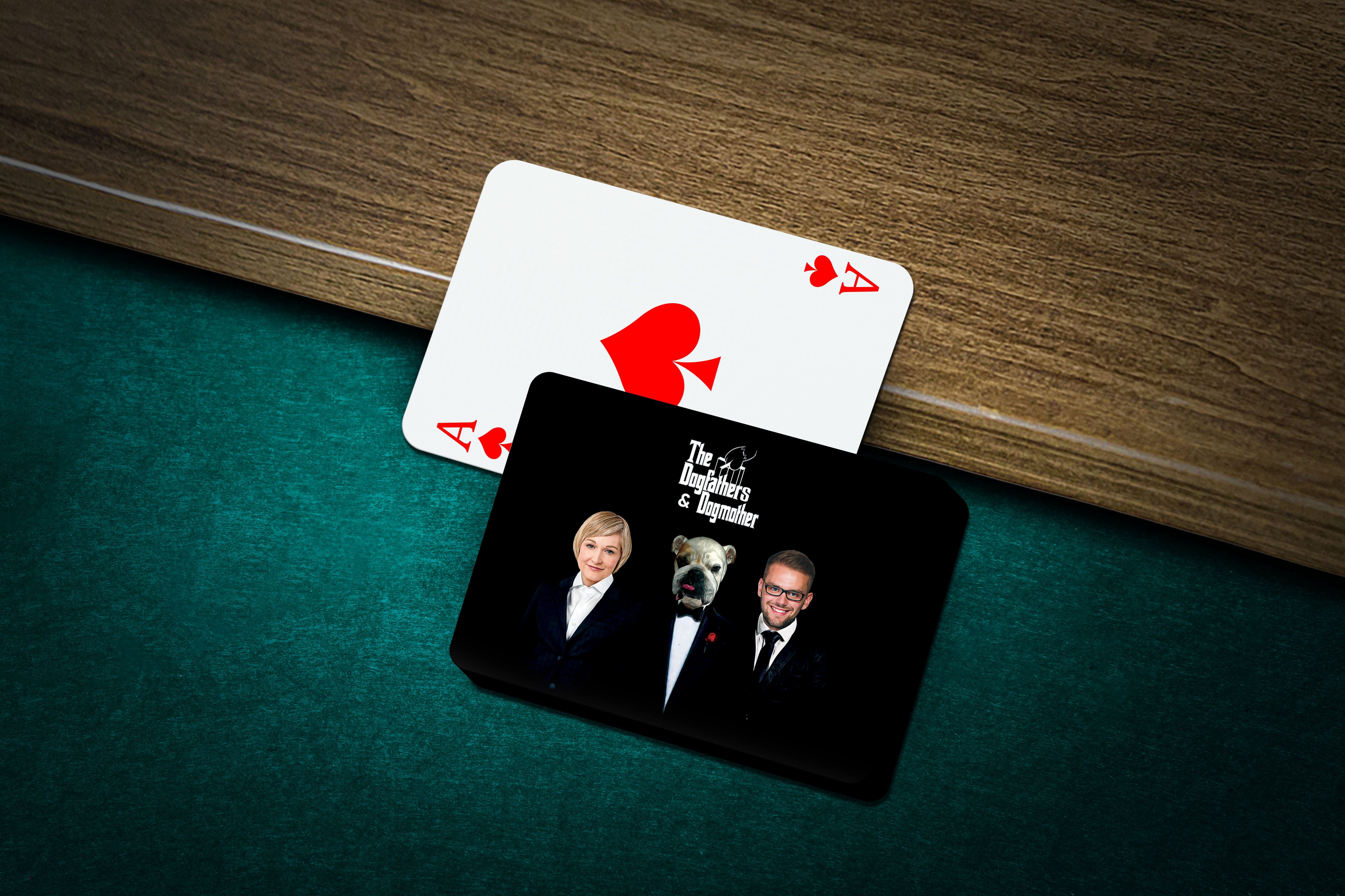 Personalized playing cards featuring a custom pet portrait of a bulldog between two people in suits.