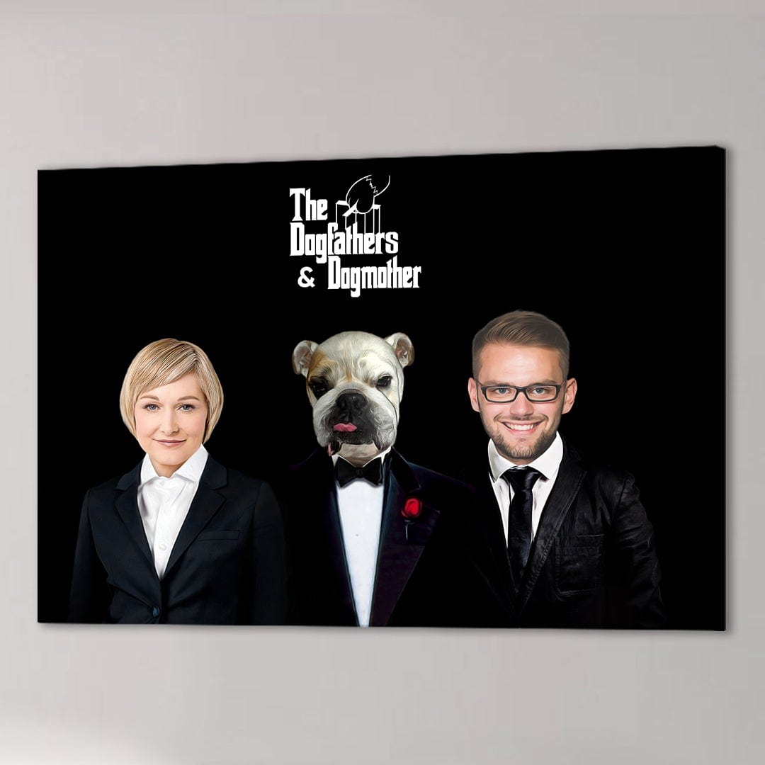Personalized "The Dogfathers &amp; Dogmother" canvas with a woman, bulldog, and man in suits on black.