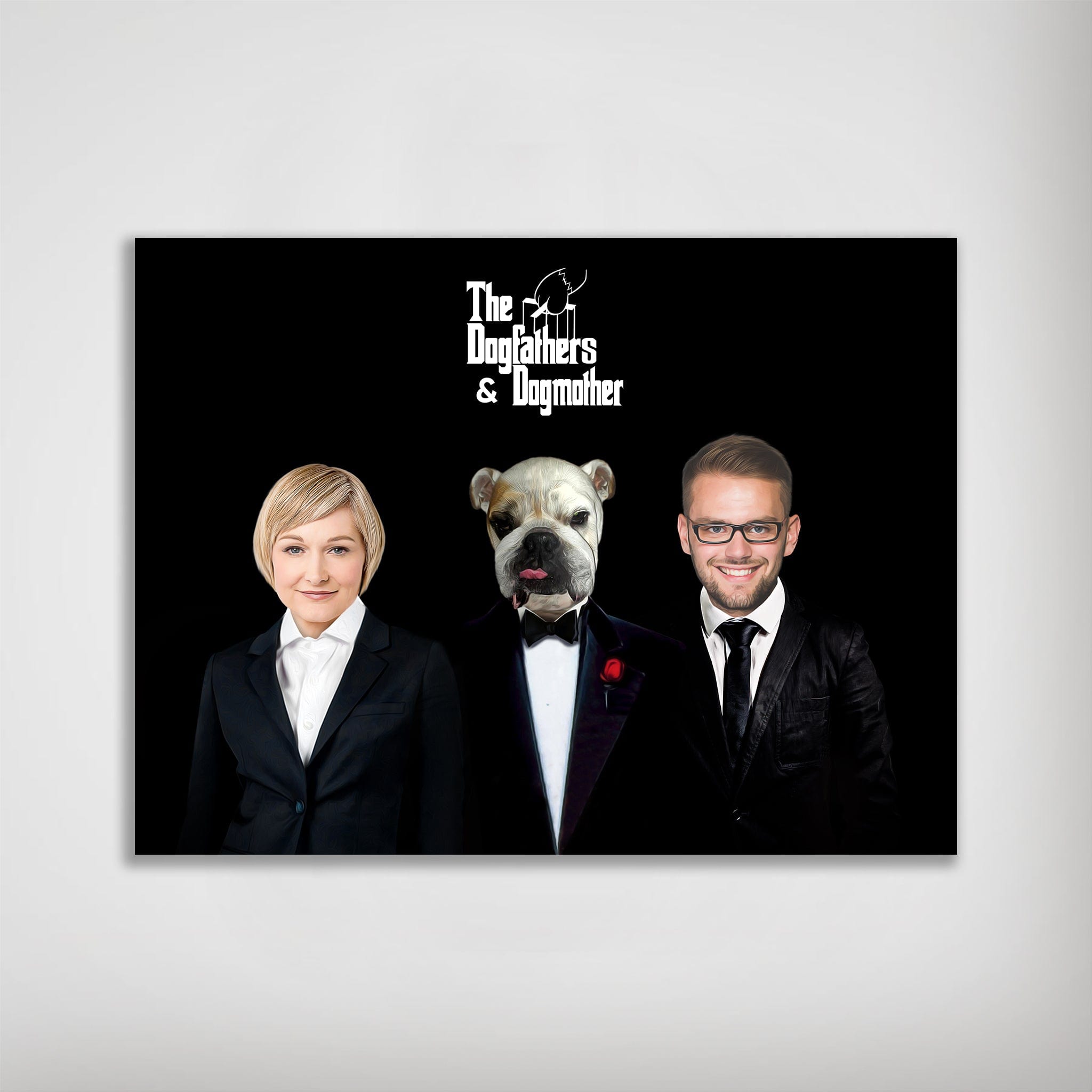 Personalized 'The Dogfathers & Dogmother' poster with a woman, man, and bulldog in suits on a black background.