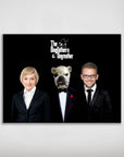 Personalized 'The Dogfathers & Dogmother' poster with a woman, man, and bulldog in suits on a black background.