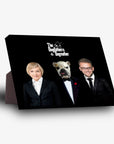 Black personalized "The Dogfathers & Dogmother" standing canvas with a woman, bulldog, and man in suits.