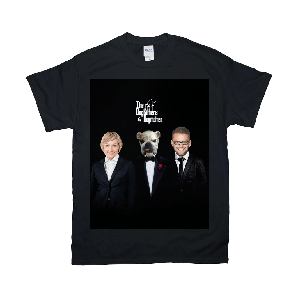 Black Gildan unisex t-shirt featuring "The Dogfathers & Dogmother" design with a woman, bulldog, and man in suits.