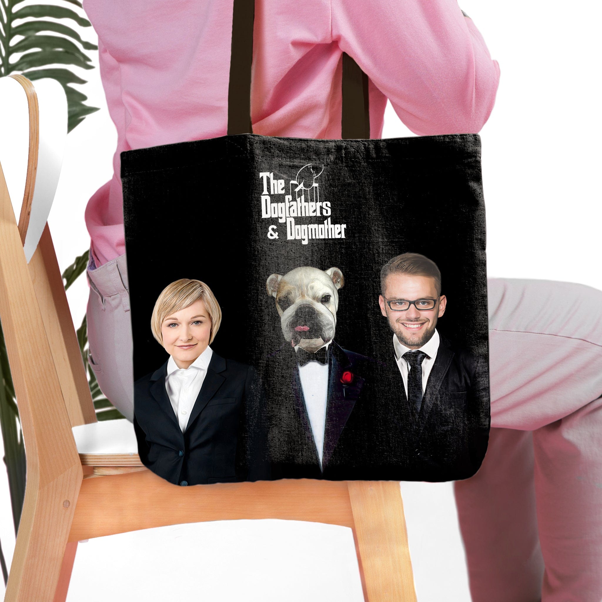 Black personalized 'The Dogfathers & Dogmother' tote bag with custom human and bulldog portraits.