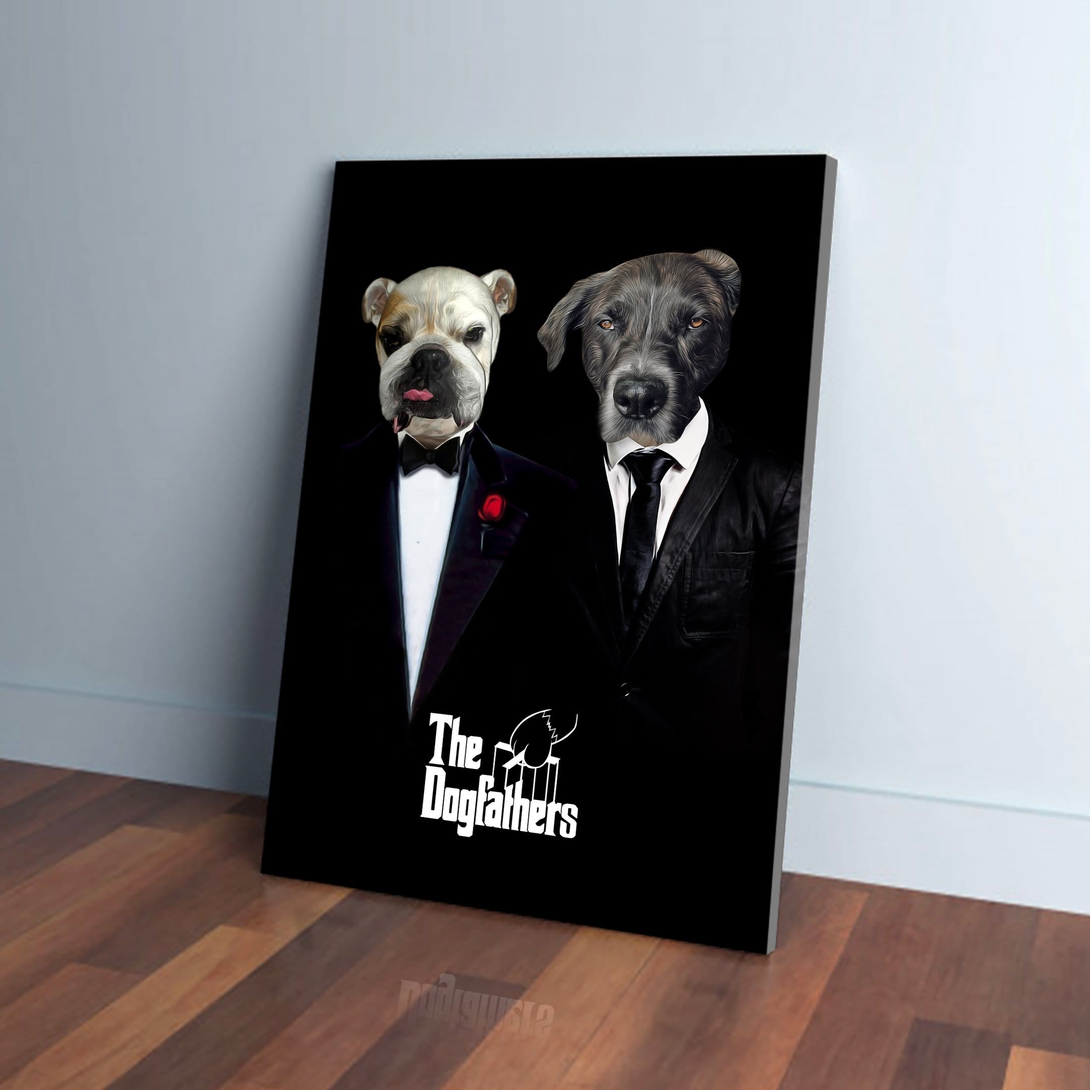 Personalized "The Dogfathers" canvas featuring two dogs in suits against a black background.