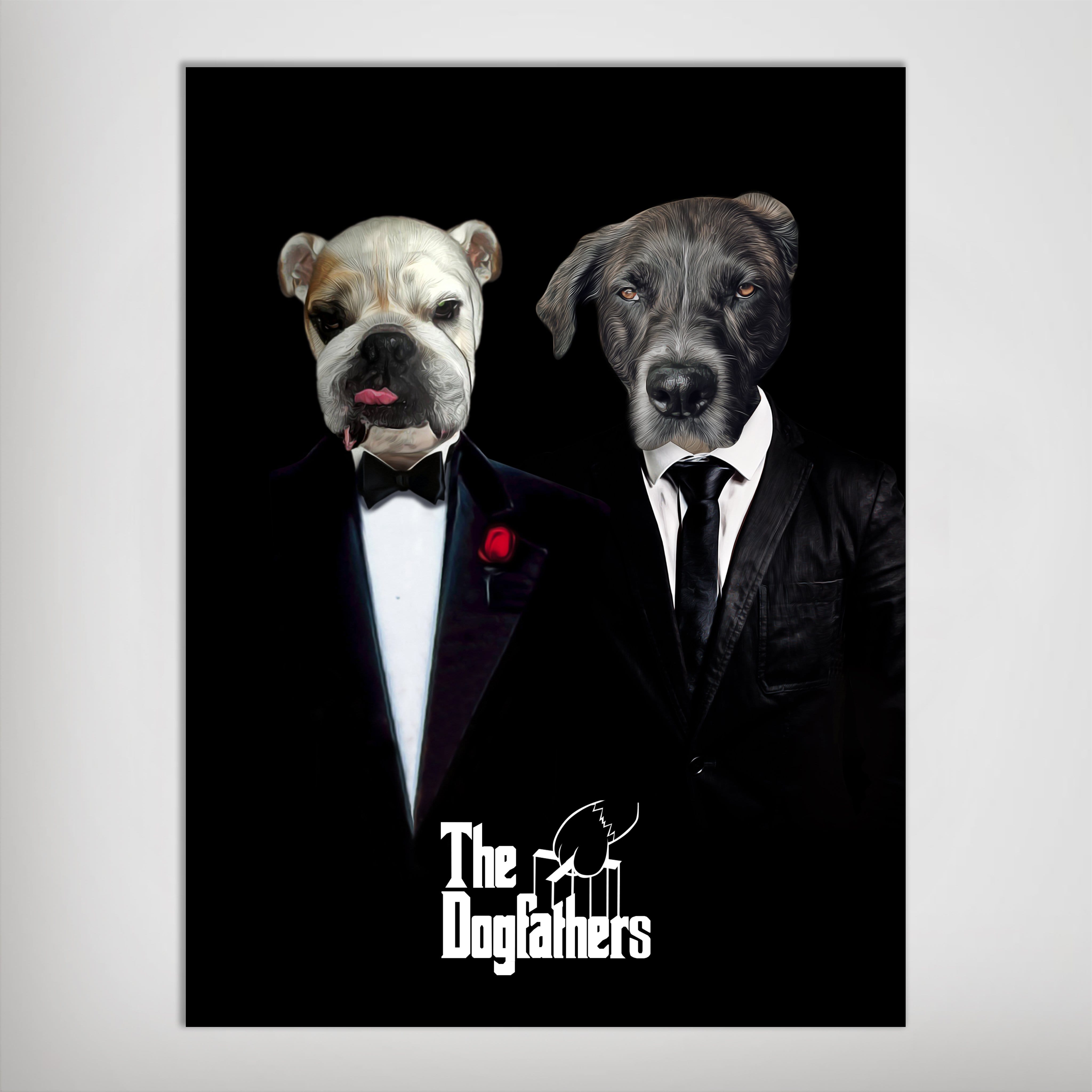 Personalized "The Dogfathers" poster featuring two pets in suits on a black background.