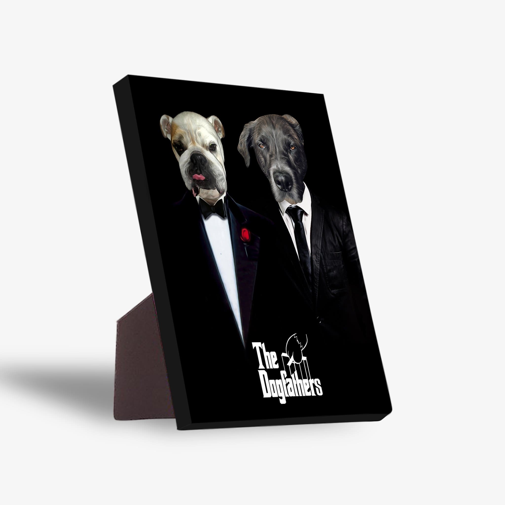 Personalized 'The Dogfathers' standing canvas featuring two pets in suits on a black background.