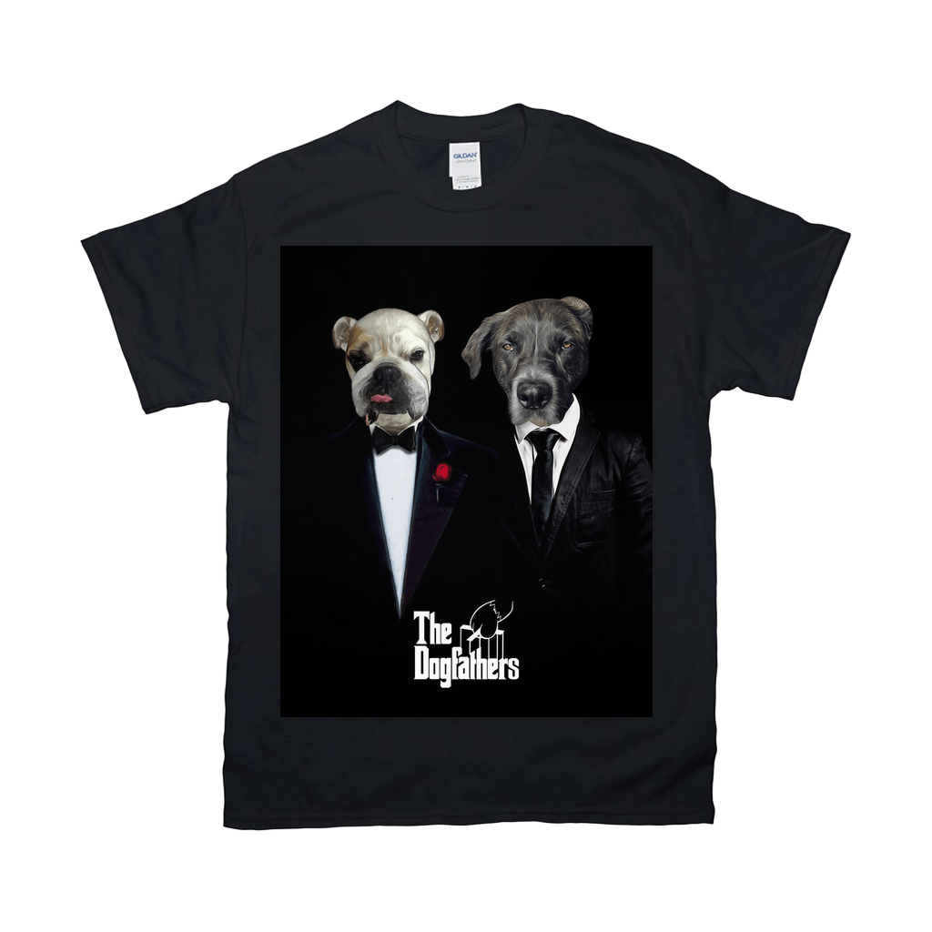 Black Gildan t-shirt with "The Dogfathers" design featuring two dogs in suits.