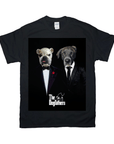 Black Gildan t-shirt with "The Dogfathers" design featuring two dogs in suits.