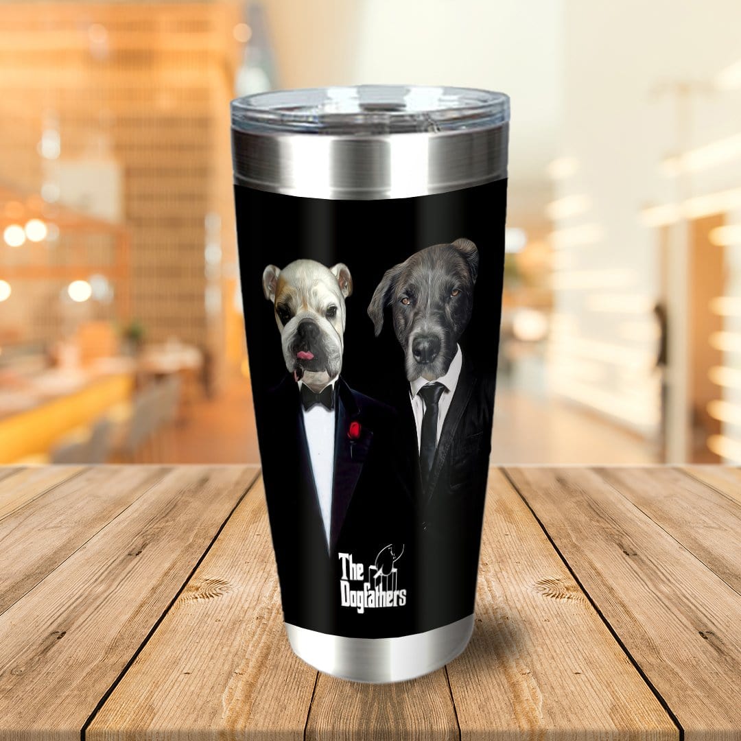 Personalized black stainless steel tumbler with custom dog portraits in "The Dogfathers" style.