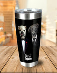 Personalized black stainless steel tumbler with custom dog portraits in "The Dogfathers" style.