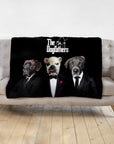 Black personalized minky blanket with three dogs in "The Dogfathers" renaissance-style portraits.