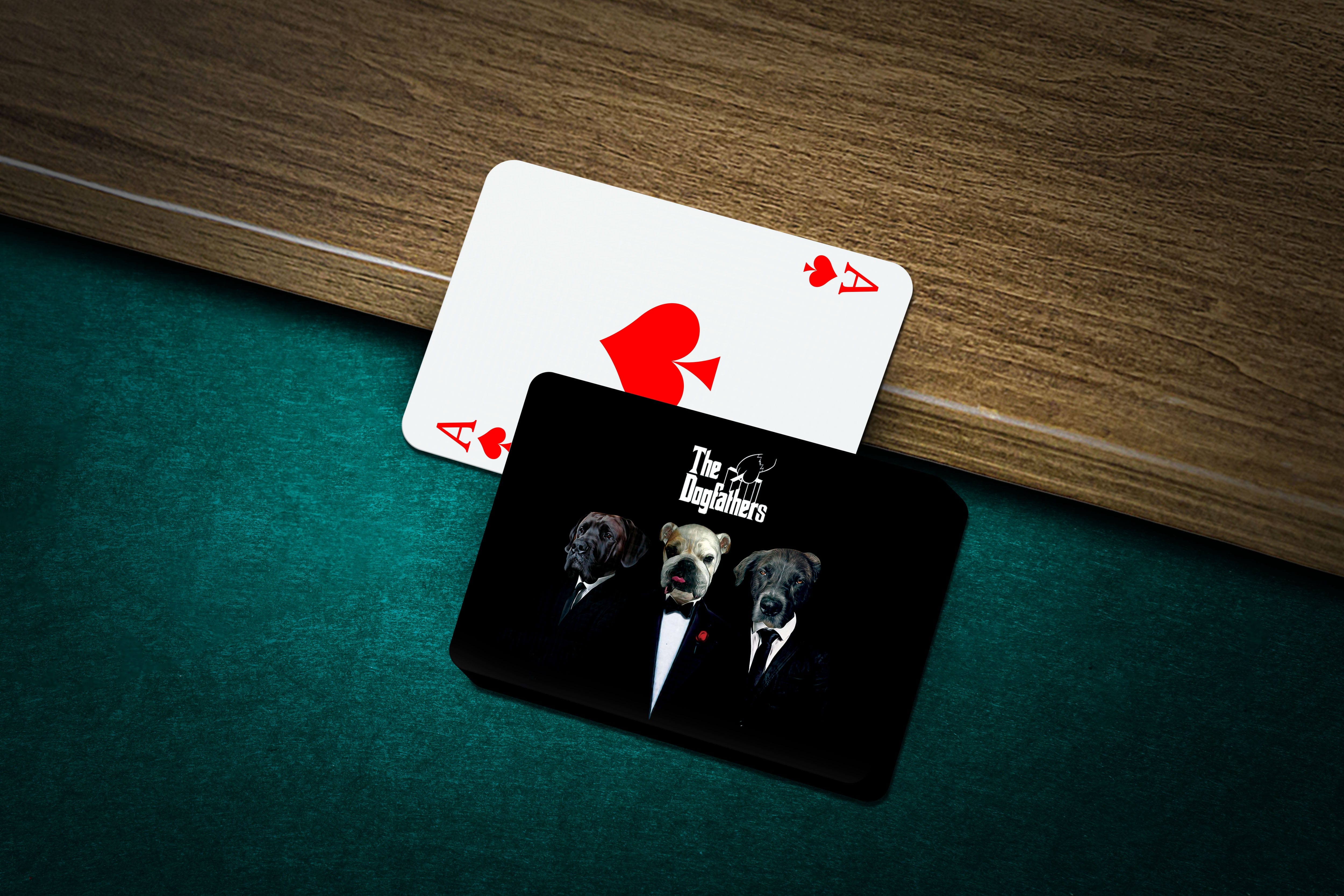 Personalized playing cards featuring three dogs in "The Dogfathers" custom portrait style on a black background.