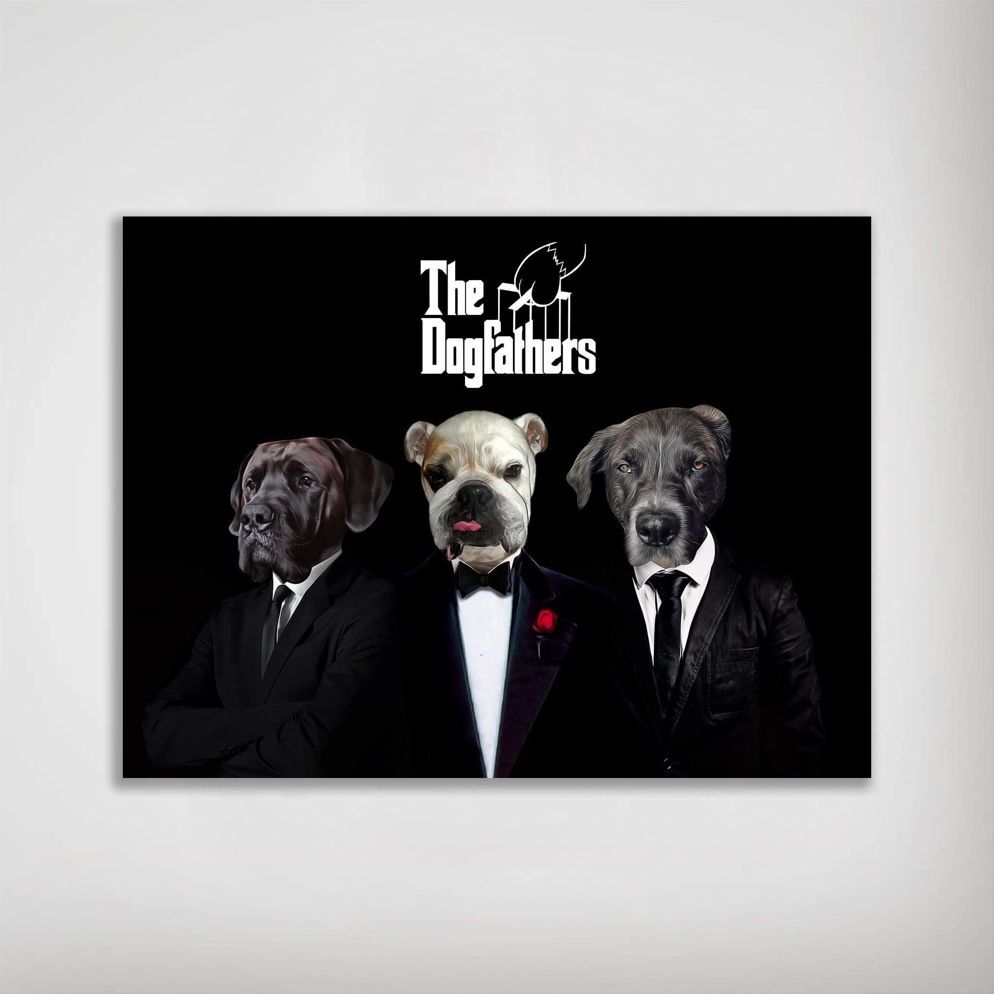 Personalized 'The Dogfathers' poster featuring three pets in suits on a black background.