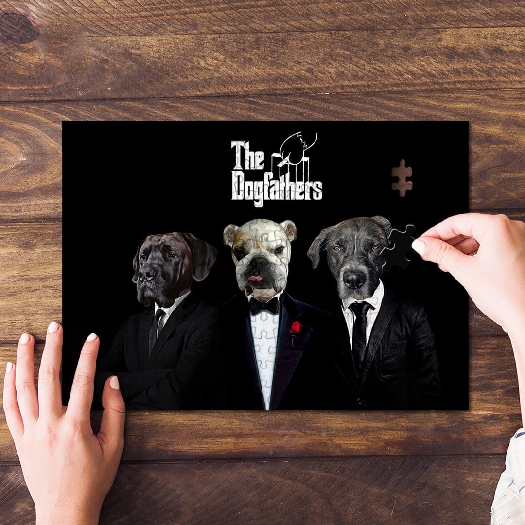 Personalized "The Dogfathers" puzzle featuring three custom pet portraits in suits on a black background.
