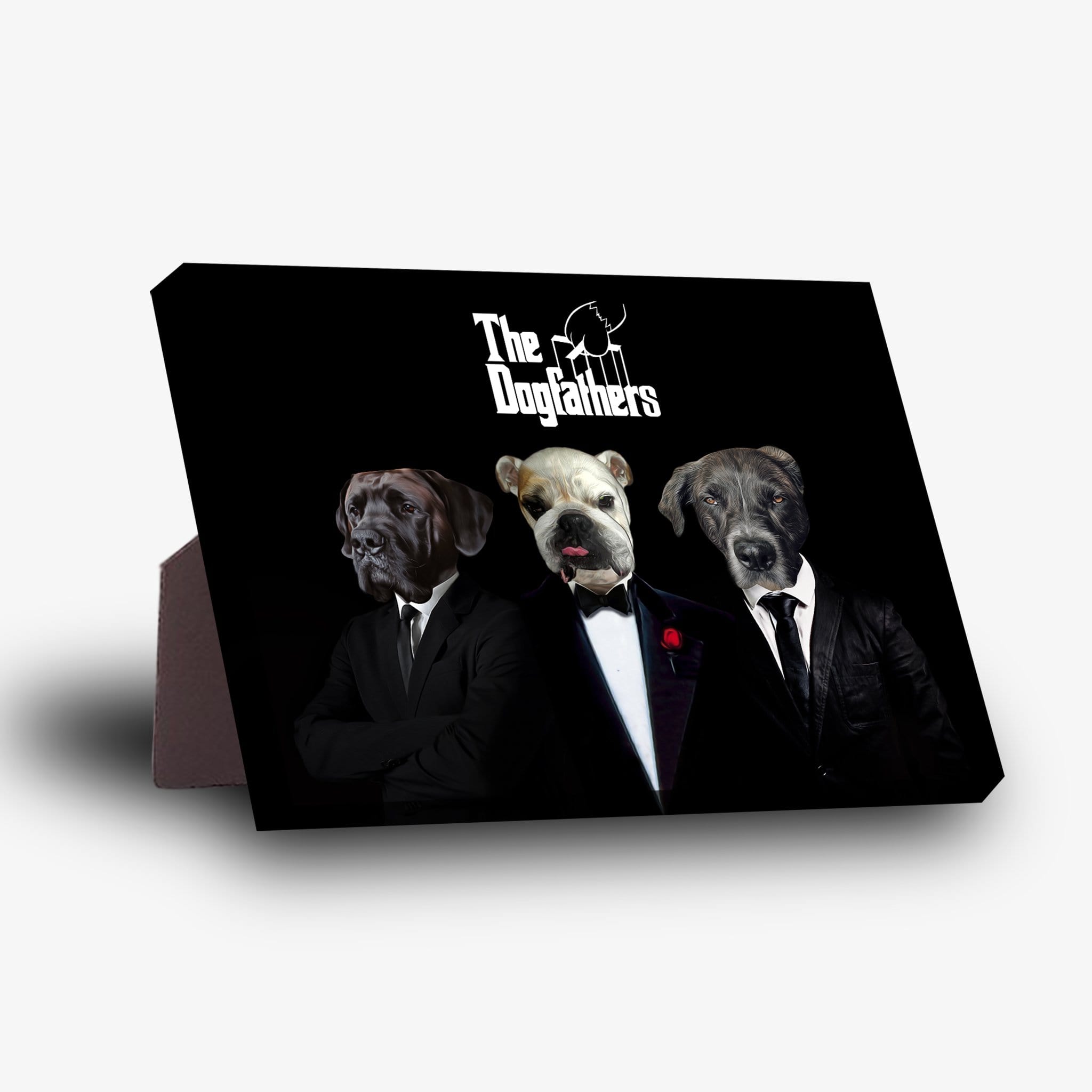 Black standing canvas featuring three dogs in suits, titled "The Dogfathers.