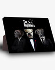 Black standing canvas featuring three dogs in suits, titled "The Dogfathers.