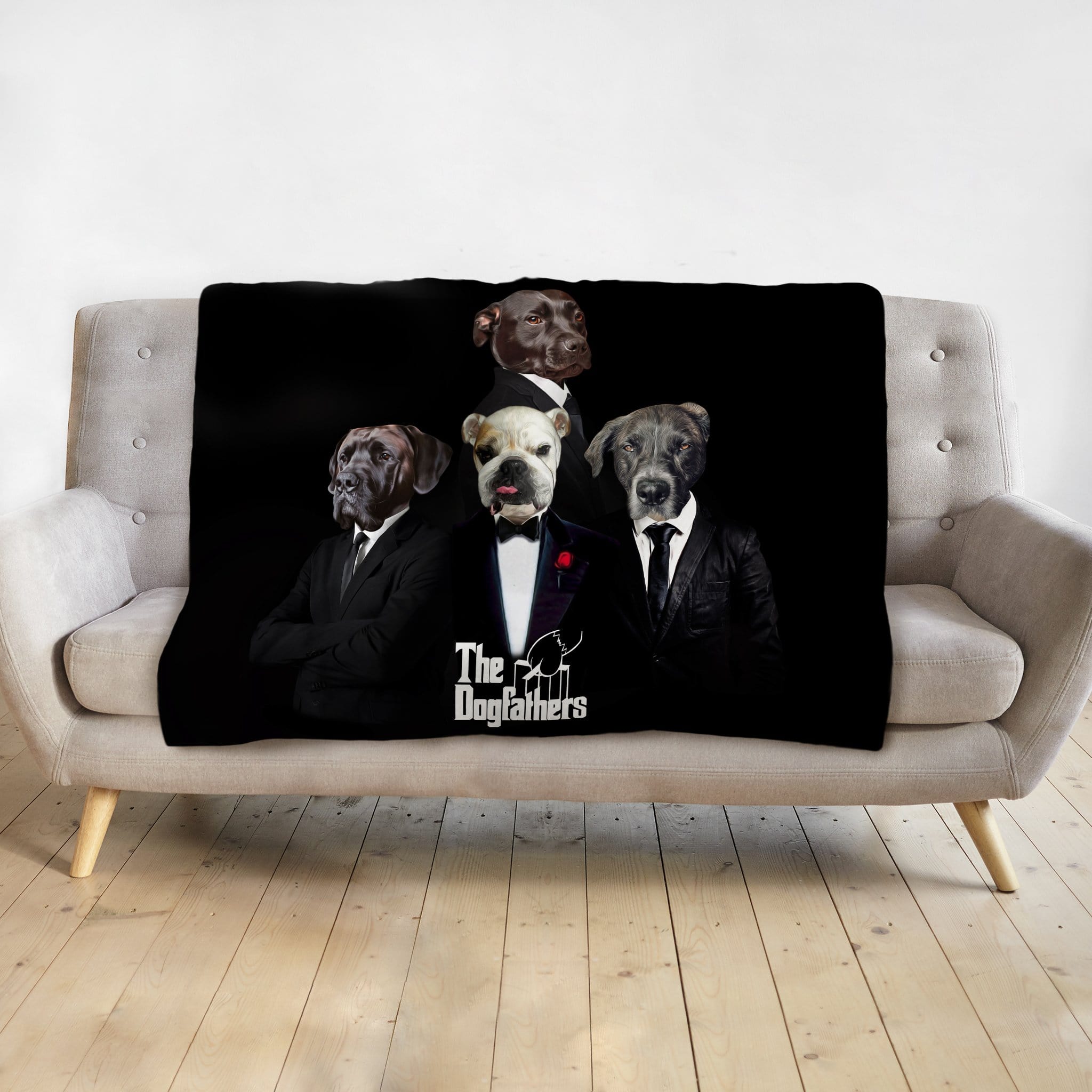 Personalized black minky blanket with four dogs in "The Dogfathers" renaissance portrait style.