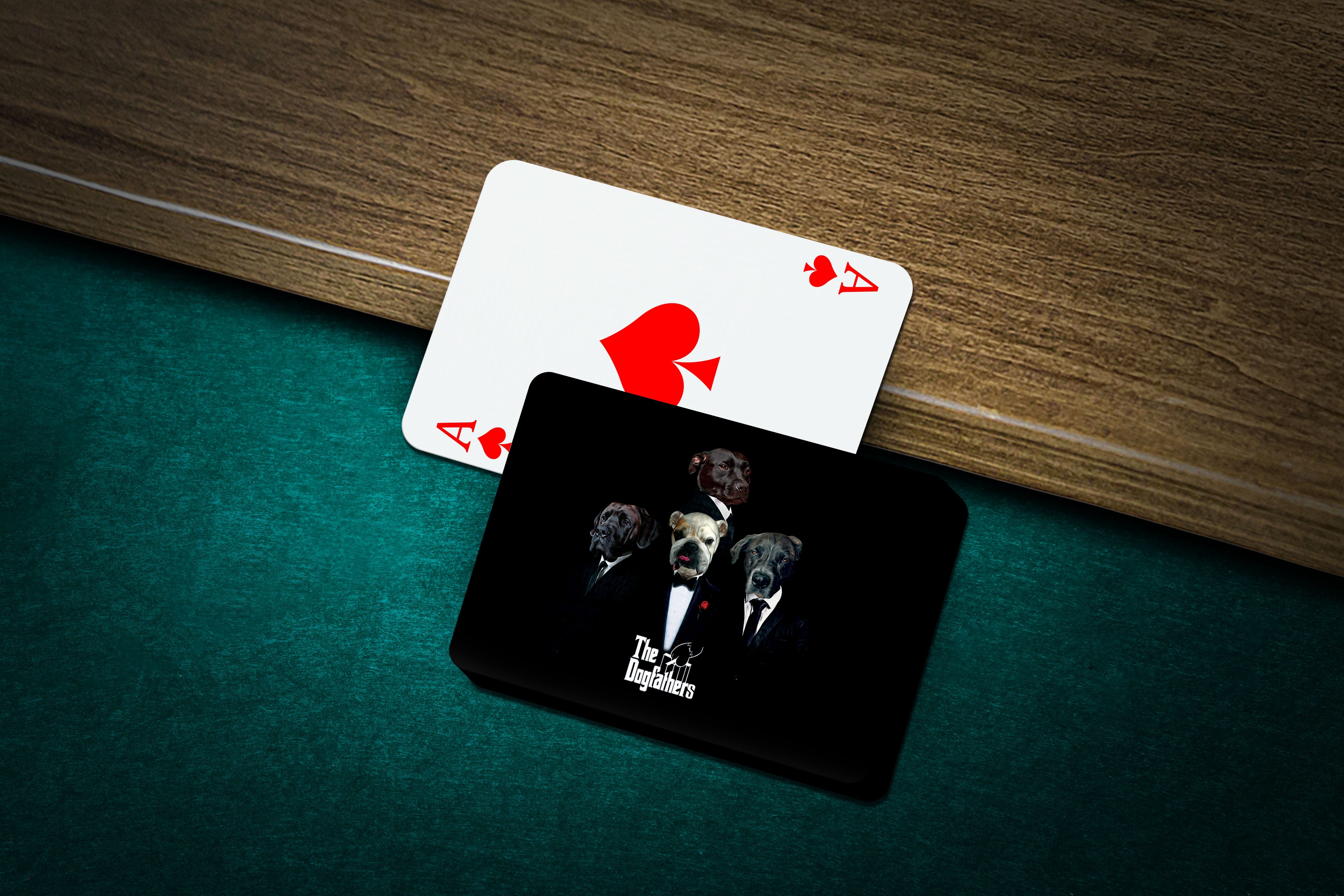 Personalized playing cards featuring four dogs in "The Dogfathers" custom portrait style on a black background.
