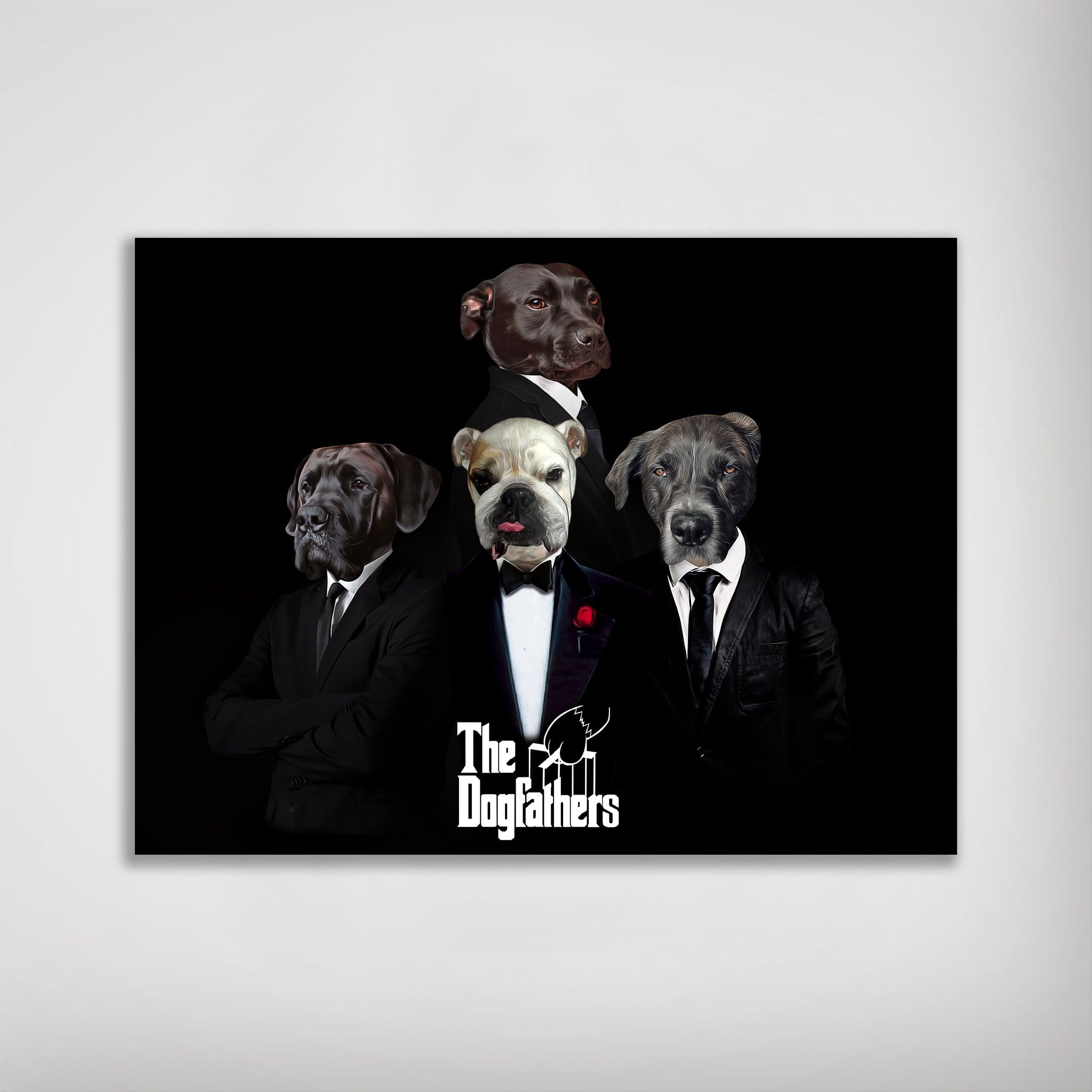 Personalized "The Dogfathers" poster featuring four pets in suits on a black background.