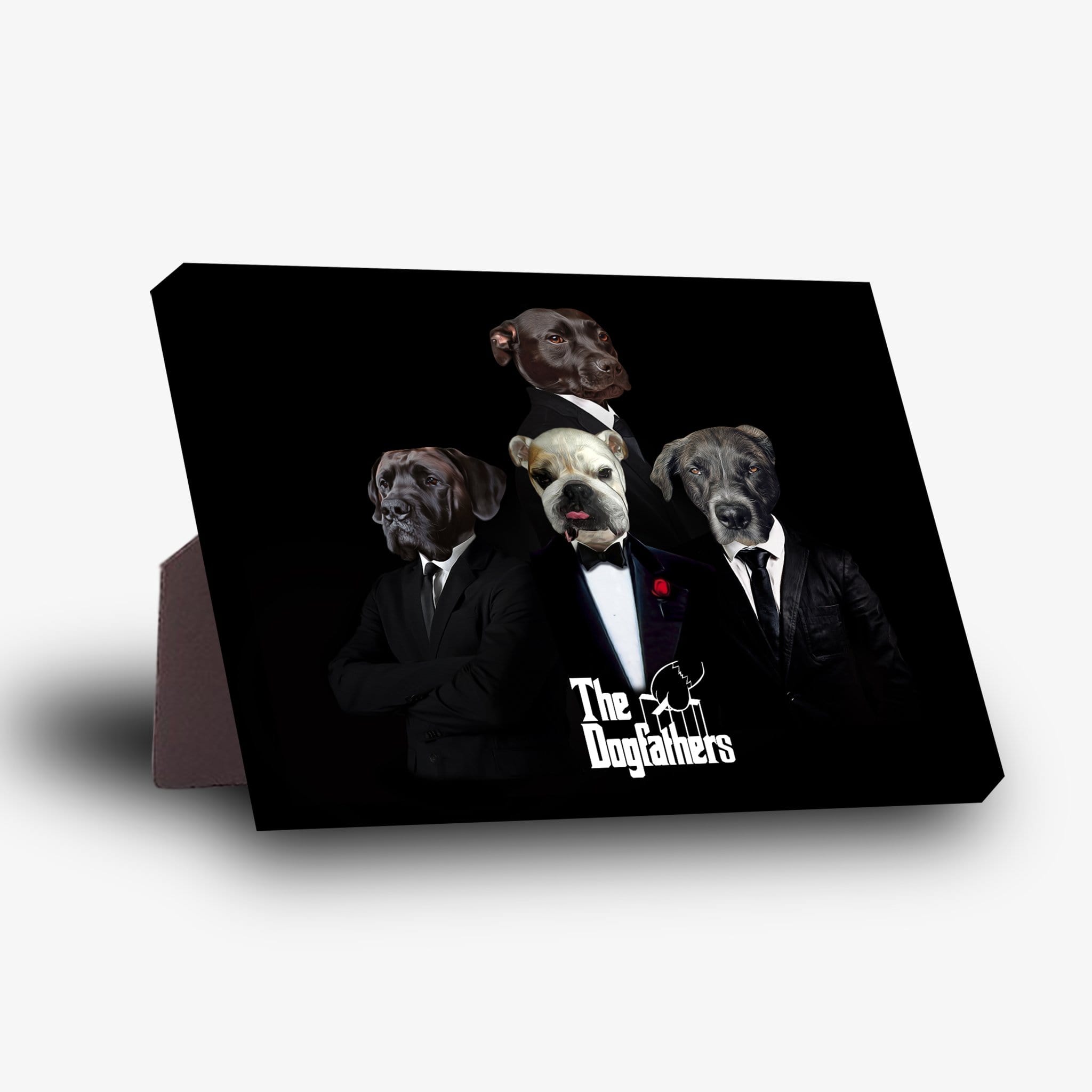Black personalized canvas featuring four dogs dressed in suits, titled "The Dogfathers," with a sturdy brown stand.