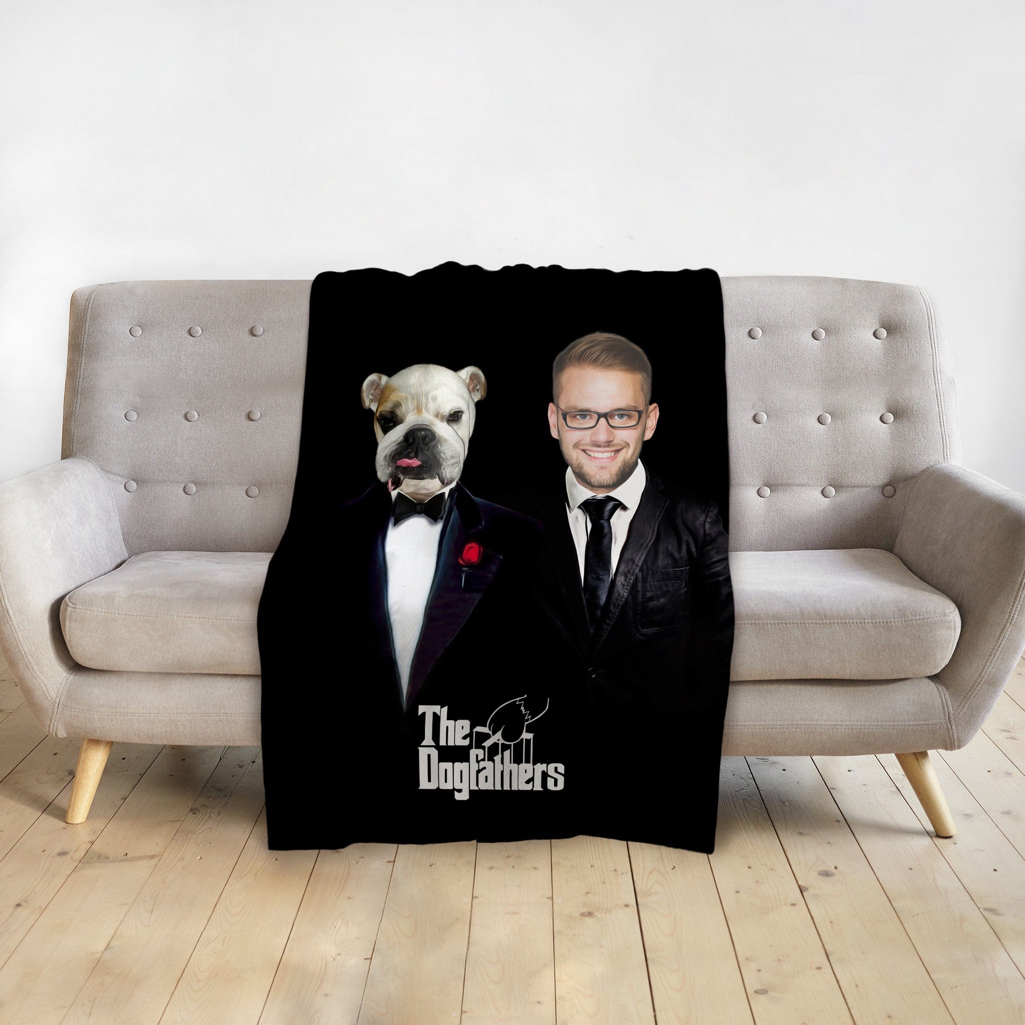 Personalized black minky blanket with a custom Dogfathers portrait of a bulldog and a man.