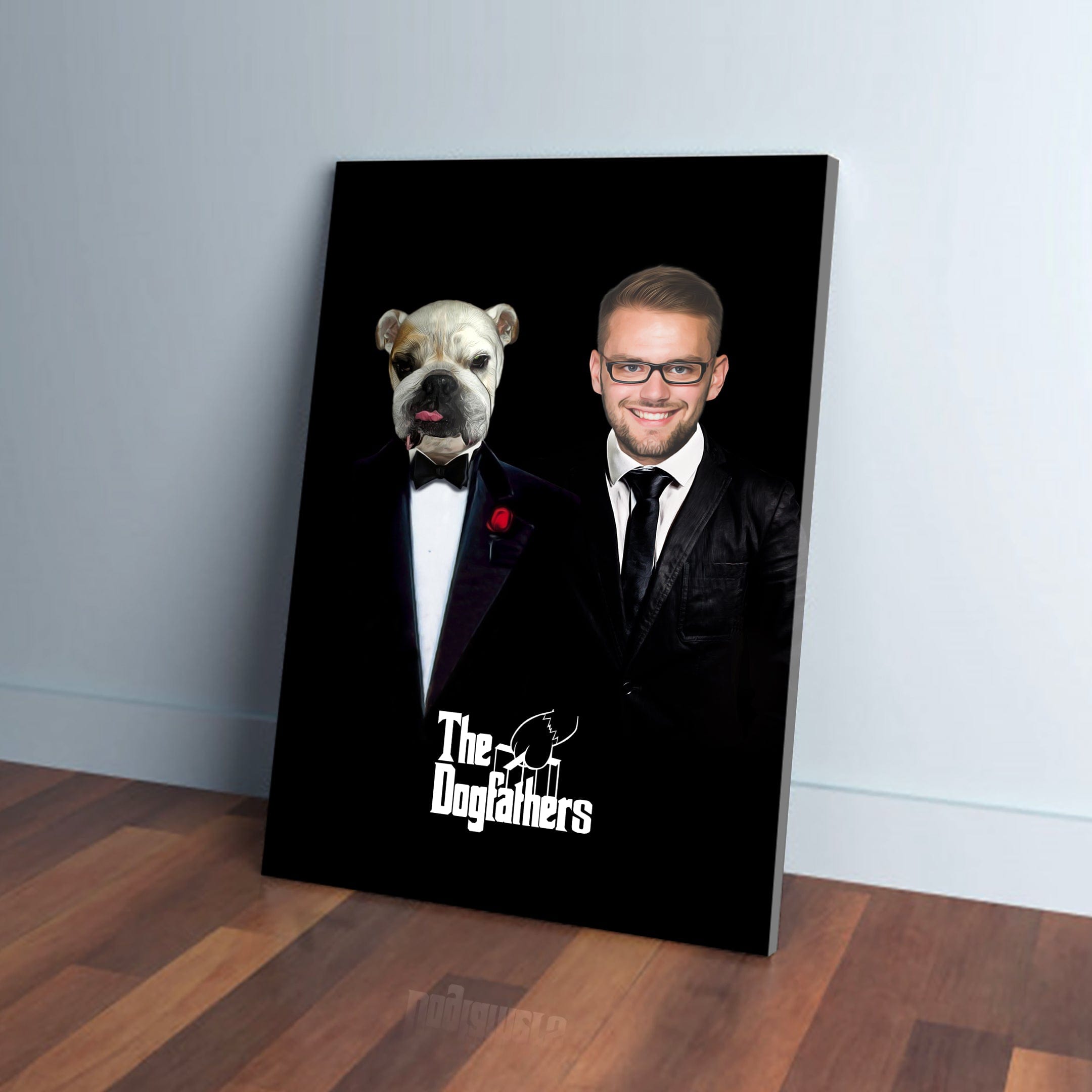 Personalized 'The Dogfathers' canvas featuring a bulldog and man in black tuxedos on a dark background.