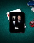 Personalized 'The Dogfathers' playing card featuring a man and a bulldog in tuxedos on a green felt table.