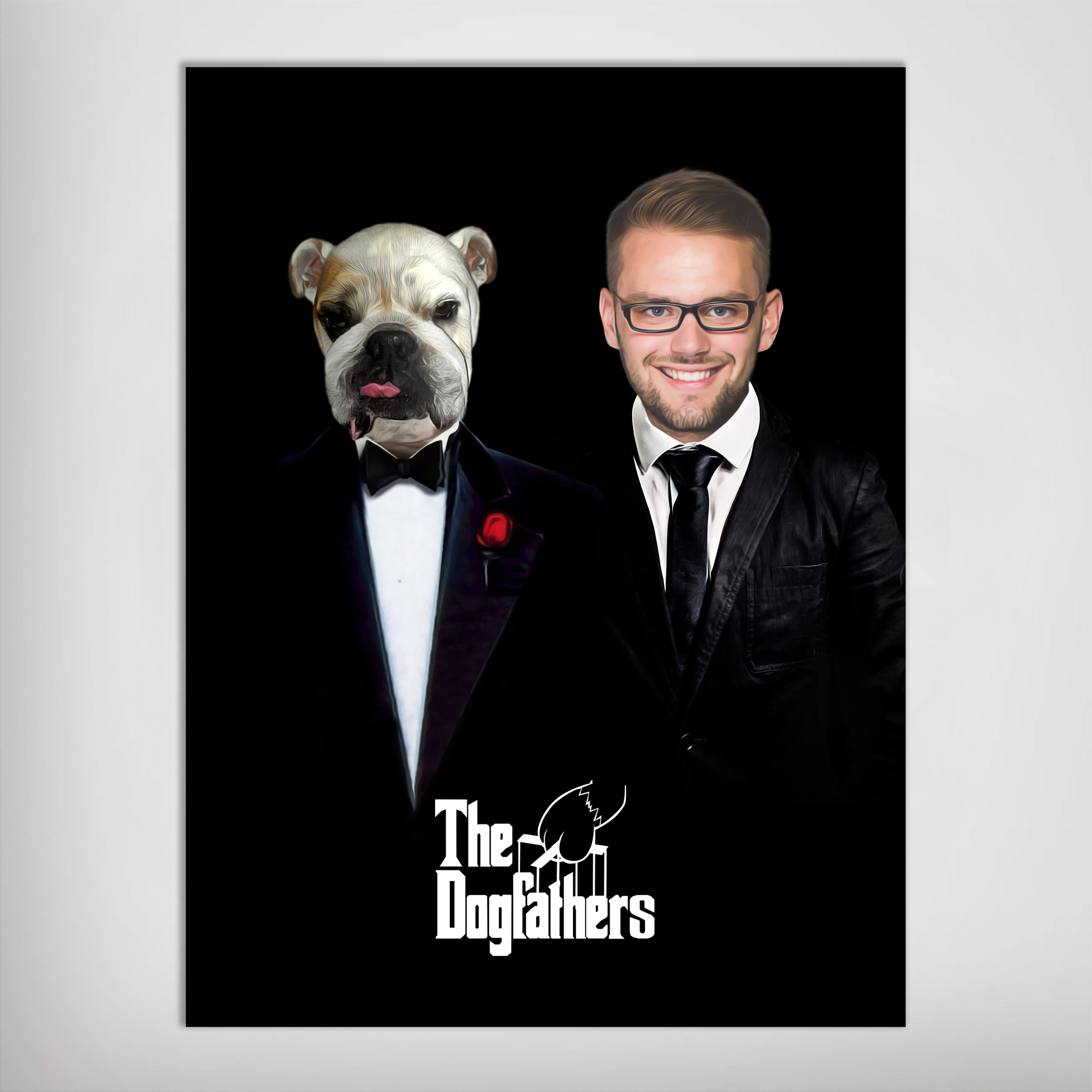 Black "The Dogfathers" personalized poster featuring a man and a bulldog in tuxedos.