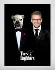 Black "The Dogfathers" personalized poster featuring a man and a bulldog in tuxedos.