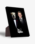 Personalized 'The Dogfathers' standing canvas featuring a man and a bulldog in tuxedos on a black background.