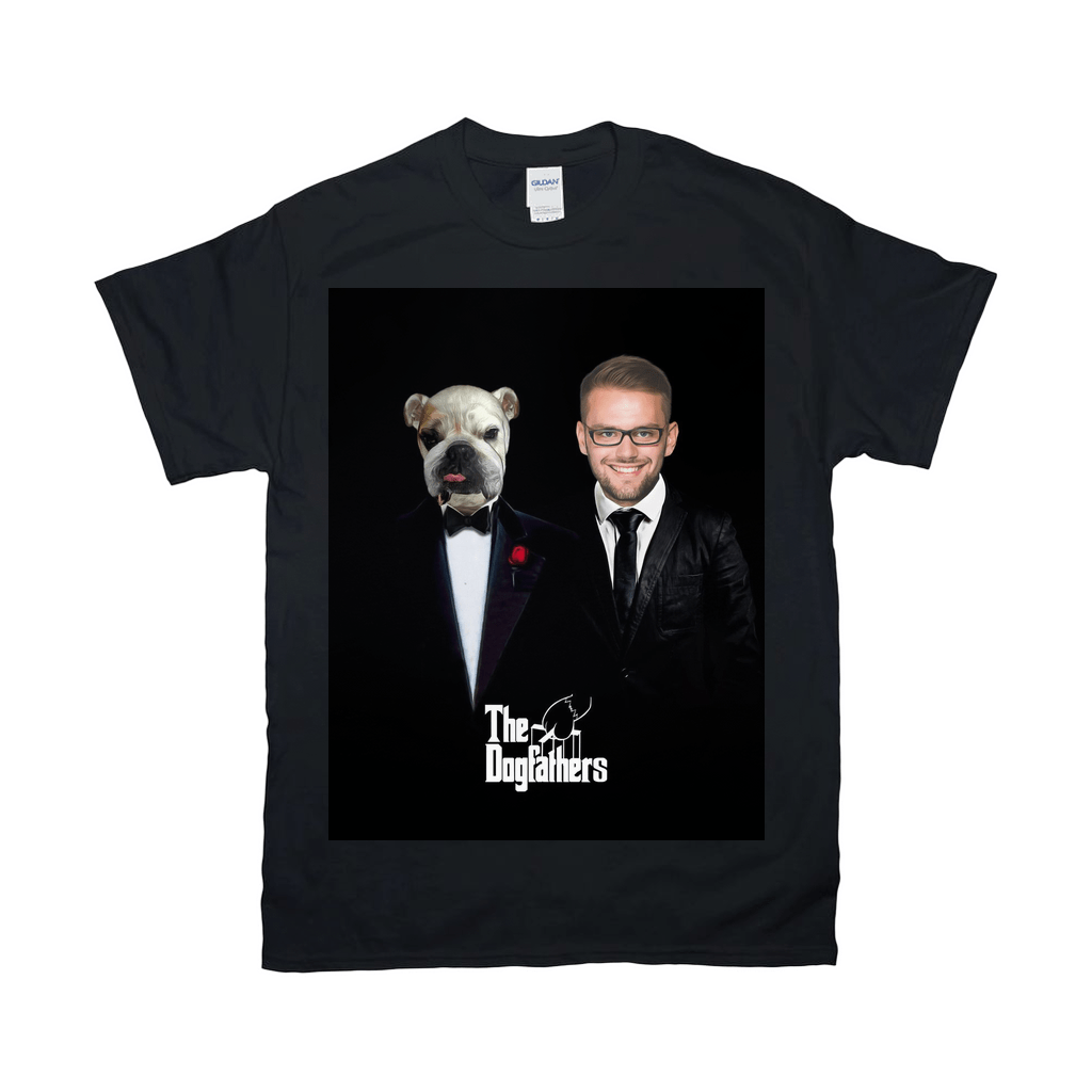 Black Gildan t-shirt featuring a personalized "The Dogfathers" design with a bulldog and man in tuxedos.